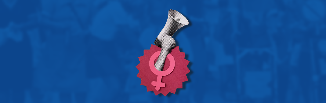 Símbolo do feminismo com uma mão segurando um megafone saindo do centro