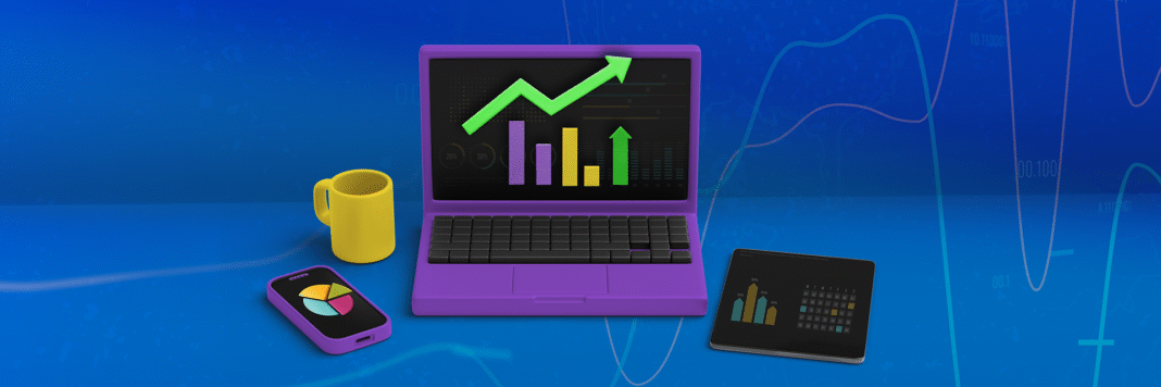 Diferentes dispositivos com dashboards de dados de e-commerce