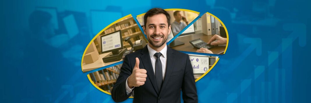Empresário sorridente de terno faz um 'joinha', cercado por ícones que representam a integração dos canais de venda: ponto de venda, contabilidade e análise de dados. O fundo azul com setas de crescimento simboliza a eficiência e o avanço proporcionados pelo Master ERP para e-commerce e gestão multiempresa.