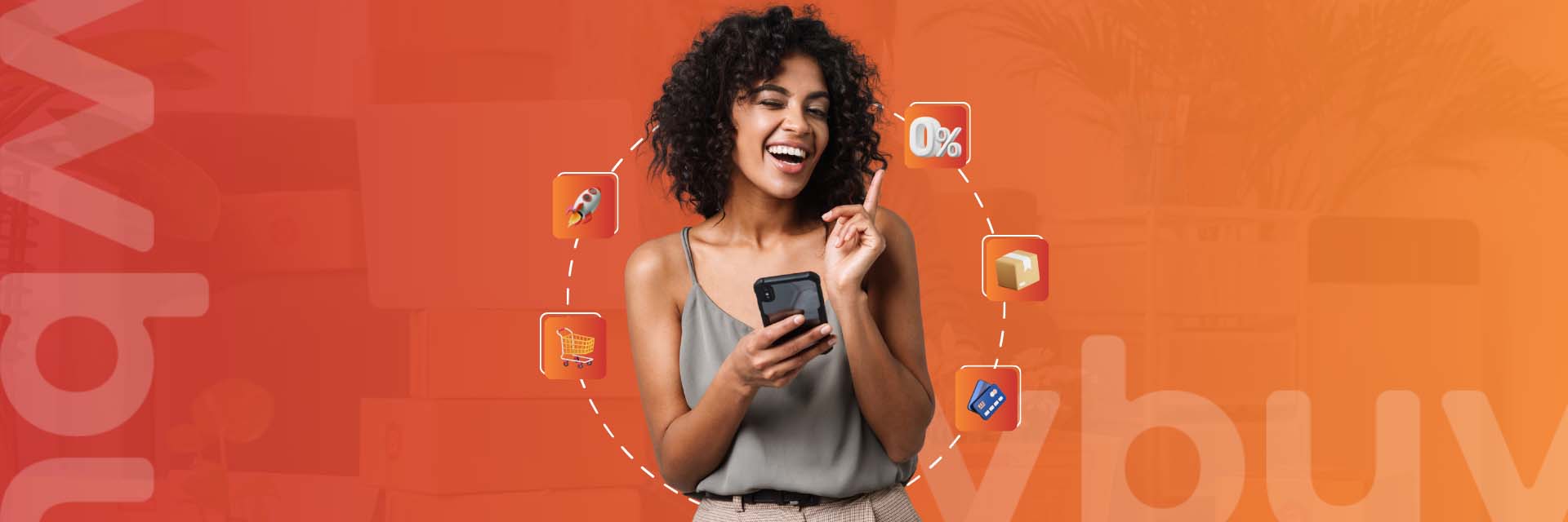 Mulher sorridente segurando um smartphone e apontando para cima, cercada por ícones de e-commerce como foguete (velocidade), desconto, caixa de entrega, cartão de crédito e carrinho de compras, representando a eficiência e o sucesso na gestão de vendas online com as soluções ERP da Alternativa Sistemas.