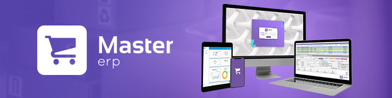 Logo Master ERP com ícone de carrinho de compras. O sistema é exibido em diferentes dispositivos (monitor, tablet, smartphone, laptop), mostrando interfaces de gestão, dashboards e o aplicativo móvel.